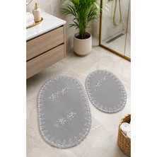 Teksev Gri 2li Fransız Dantelli Lüks Banyo Paspası Kaymaz Çeyizlik Oval Banyo Paspas Seti Lauris