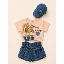 Kız Çocuk Şapkalı Şık Yazlık Kombin – Çiçekli Tişört Denim Etek Takım (3-6 Yaş)