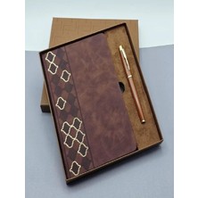 Mobgift Yan Tarafı Mozaik Desenli Deri Defter Kalem Tasarım Kutulu Hediye Seti