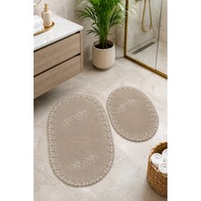 Teksev Vizon 2li Fransız Dantelli Lüks Banyo Paspası Kaymaz Çeyizlik Oval Banyo Paspas Seti Lauris