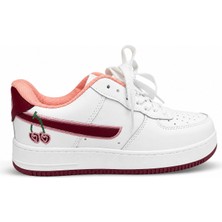 Kadın Beyaz Bordo Kiraz Nakışlı Kalın Taban Sneaker Spor Ayakkabı