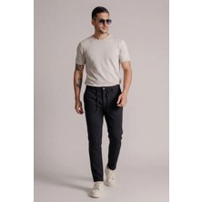Braccas Erkek Siyah Slim Fit Bağcıklı Beli Yarım Lastikli Pamuklu Pantolon