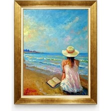 Tablore Sahilde Kitap Okuyan Şapkalı Kadın Deniz Manzaralı Çerçeveli Kanvas Tablo Yağlı Boya Dokulu Dekoratif Resim