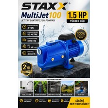 Staxx Power Yüksek Basınçlı Multi Jet 100 Metal Dişli Sistem Tam Bakır Sargılı 1.5 Hp Büyük Su Pompası 8mt Emiş