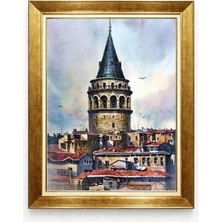 Tablore Tarihi Galata Kulesi Suluboya Görünümlü Kanvas Tablo Gold Çerçeveli Istanbul Manzaralı Tablo