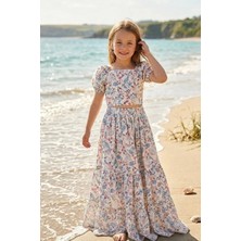 Cantoy Kız Çocuk Çiçek Desenli Crop Bluz ve Kat Kat Uzun Etek Takımı 2'li Yazlık Set