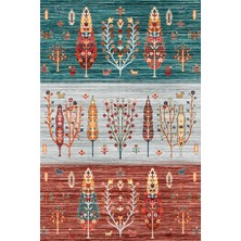 Alpina Home Alpin Home New Age Yıkanabilir Etnik Figürlü Bordo Gri Turkuaz Renk Dokuma Taban Kaymaz Kilim