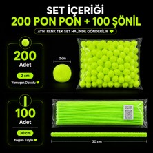 Mutkin 300 Parça Fosfor Yeşil Pon Pon Şönil Seti | 200 Adet 2 cm Ponpon + 100 Adet 30 cm Tüylü Şönil Tel | Okul Hobi Süsleme Dıy