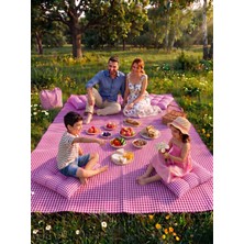Bhomes Concept Pötikare Desenli - 170X220 cm - Pembe Renk - Çantalı Piknik Örtüsü ve 4'lü Minder Seti - Kamp Örtüsü