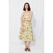 Gusto Iz Koleksiyonu Eco Print Kare Yaka Keten Elbise - Yeşil