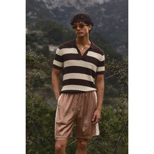 Tarz Cool Erkek Oversize Kalın Örgü Polo Yaka Triko Fileli Tişört Çizgili Vintage Yazlık Rahat Fit
