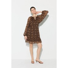 Gusto Desenli Rayon Şifon Elbise - Kahverengi