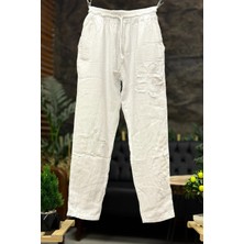 Sahnemoda Çiçek Yıldız Baskı Işleme Keten Pantolon