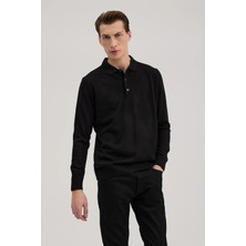 Jakamen Siyah Comfort Fit Polo Yaka Yünlü Triko