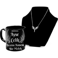 As Gift Anneler Gününe Özel Gold-Gümüş Baskılı Siyah Kupa Bardak & Gümüş Mikail Kolye Hediye Seti (Model)