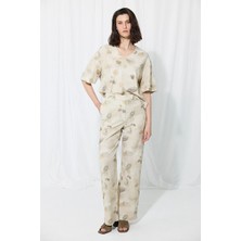 Gusto Iz Koleksiyonu Eco Print Koton Keten Pantolon - Taş
