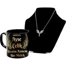 As Gift Anneler Gününe Özel Gold-Gümüş Baskılı Siyah Kupa Bardak & Gümüş Mikail Kolye Hediye Seti