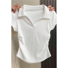 Tarz Cool Kadın Slim Polo Yaka Crop Esnek Kumaş Günlük Basic Tişört