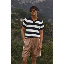 Tarz Cool Erkek Oversize Kalın Örgü Polo Yaka Triko Fileli Tişört Çizgili Vintage Yazlık Rahat Fit