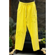 Sahnemoda Çiçek Yıldız Baskı Işleme Keten Pantolon