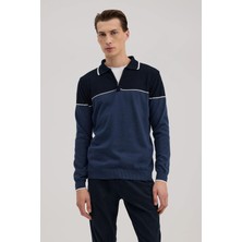 Jakamen Mavi Slim Fit Fermuarlı Polo Yaka Triko