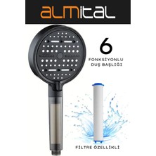 ALMITAL 6 Fonksiyonlu Filtreli Siyah Duş Başlığı Su Tasarruflu Basınçlı Kireç Klor Önleyici