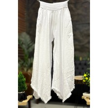 Sahnemoda Paça Tüy Nakışlı Bol Paça Keten Pantolon