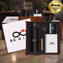 BK Gift Logonuza Özel 10 Adet Ahşap Kutulu Siyah Kurumsal Hediye Seti – Cam Suluk, Seramik Fincan, Defter ve Kalemli Promosyon Seti