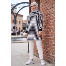 Hafsa Mina Çizgili Penye Tunik Siyah HM2917