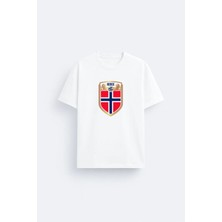 Shain Norveç Futbol Takımı Baskılı Pamuklu Kumaş Beyaz Tişört T-Shirt