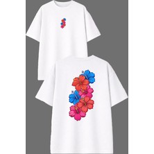 Vsrn Renkli Çiçekler Tasarım Ön Arka Baskılı Beyaz Oversize T Shirt