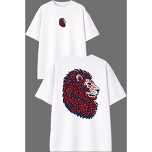 Vsrn Dişi Aslan Tasarım Ön Arka Baskılı Beyaz Oversize T Shirt