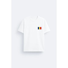 Shain Romanya Romania Bayrak Baskılı %100 Pamuklu Kumaş Beyaz Tişört T-Shirt