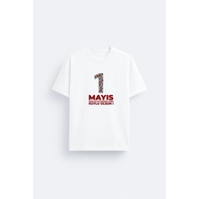 Shain 1 Mayıs Işci Bayramı Baskılı Bisiklet Yaka Beyaz Tişört T-Shirt