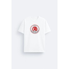 Shain Türk Bayrağı Türkiye Baskılı Pamuklu Kumaş Beyaz Tişört T-Shirt