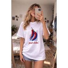 Shain Just Chili Pinterest Girl Baskılı Bisiklet Yaka Kadın Beyaz Tişört T-Shirt
