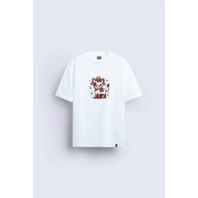 Shain Kovboy Inek Baskılı Bisiklet Yaka Beyaz Tişört T-Shirt