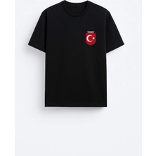 Shain Türkiye Türk Bayrağı Baskılı Pamuklu Kumaş Siyah Tişört T-Shirt