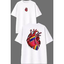 Vsrn Renkli Kalp Tasarım Ön Arka Baskılı Beyaz Oversize T Shirt