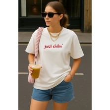 Shain Just Chilin Baskılı Kadın Bisiklet Yaka Beyaz Tişört T-Shirt