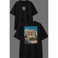 Vsrn Acropolıs Greece Tasarım Ön Arka Baskılı Siyah Oversize T Shirt
