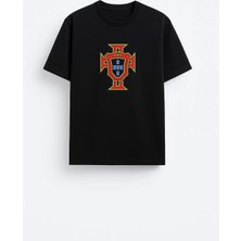 Shain Portekiz Futbol Takımı Baskılı Pamuklu Kumaş Siyah Tişört T-Shirt