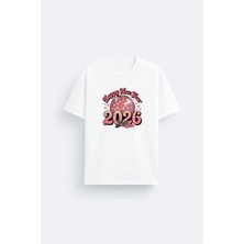 Shain 2026 Yılbaşı Noel Baba Christmas Baskılı Beyaz Bisiklet Yaka Tişört
