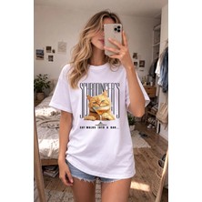 Shain Kedi Cat Baskılı Bisiklet Yaka Beyaz Tişört T-Shirt