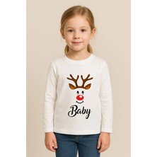 Shain Yeni Yıl Yılbaşı Noel Baba Christmas Baskılı Bisiklet Yaka Çocuk Uzun Kol Tişört Bluz