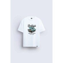 Shain Vintage Pinterest Baskılı Bisiklet Yaka Beyaz Tişört T-Shirt