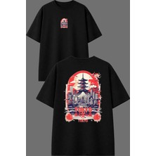Vsrn Şehir Tokyo Tasarım Ön Arka Baskılı Siyah Oversize T Shirt