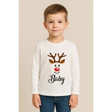 Shain Yeni Yıl Yılbaşı Noel Baba Christmas Baskılı Bisiklet Yaka Çocuk Uzun Kol Tişört Bluz