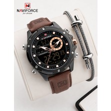 Naviforce Deri Kordon Dijital & Analoğ Mekanizma Bileklik Hediyeli 3 Atm Erkek Kol Saati NF9264.4