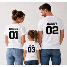 Shain Kişiye Özel Isim ve Numara Baskılı Beyaz Anne Baba Çocuk Kombin Tişört T-Shirt